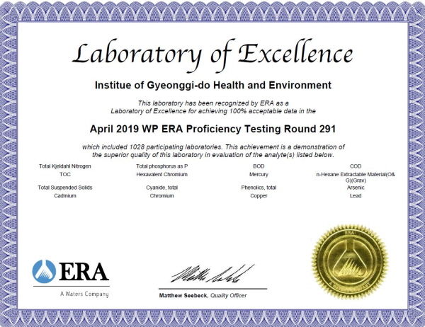 경기도보건환경연구원이 미국 환경자원학회가 주관한 ‘2019년 국제숙련도 평가’ 수질오염분야에서 최우수 분석기관으로 선정됐다.