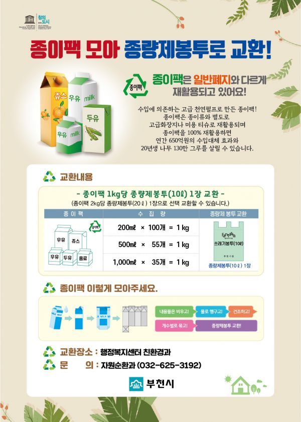부천시, 폐종이팩 종량제봉투로 교환해드립니다