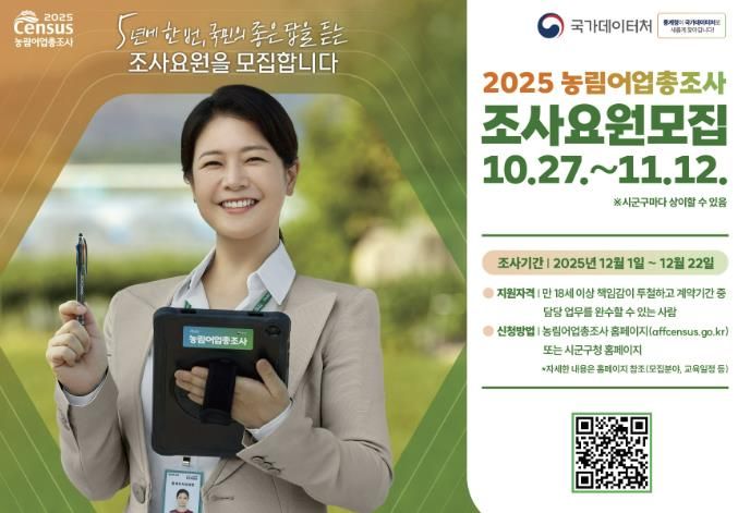 해남군, 2025 농림어업총조사 조사요원 127명 공개 모집