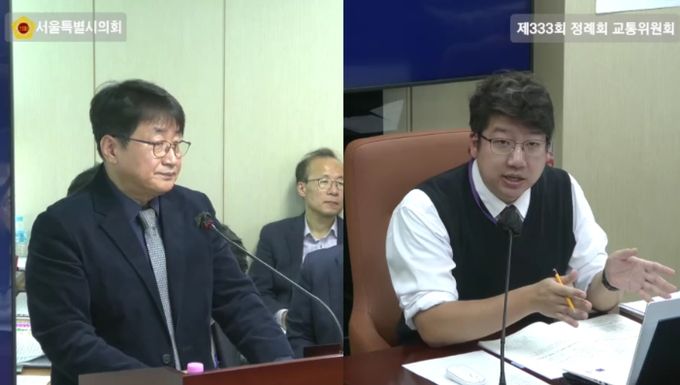 제333회 서울시의회 정례회 제4차 교통위원회 서울교통공사 행정사무감사 당시 증인으로 출석한 (주)다원시스 이동원 부사장(좌)와 질의 중인 문성호 의원(우)