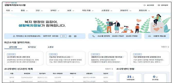 생활복지정보시스템내 메인화면