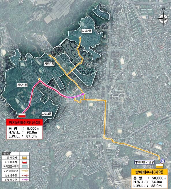 까치산배수지를 통해 수돗물을 공급받는 지역 위치도