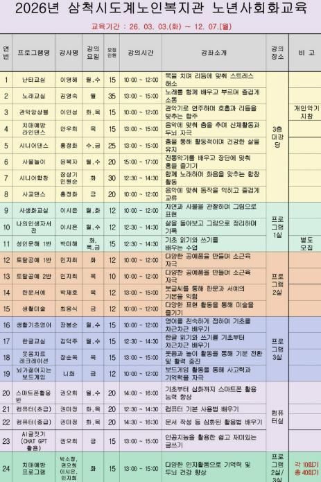 삼척시도계노인복지관 수강생 모집