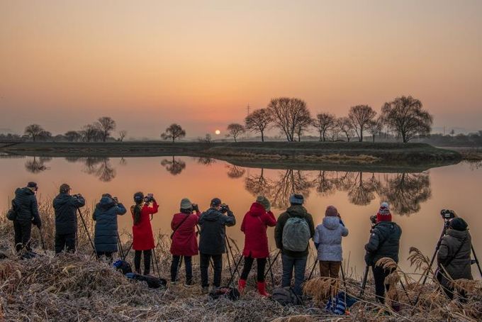 남도풍경연구소 소속 사진작가들이 동섬에서 떠오르는 해를 촬영하고 있는 모습.(사진 제공-나주시)